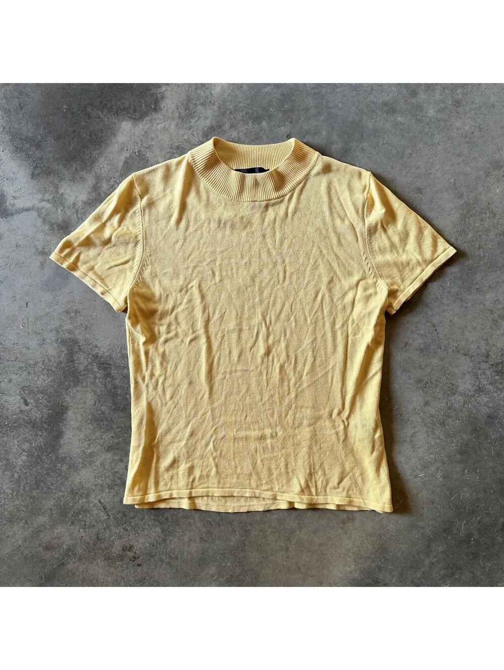 August Silk Yellow Silk Blend Mock Neck Short Sleeve Knit Top S